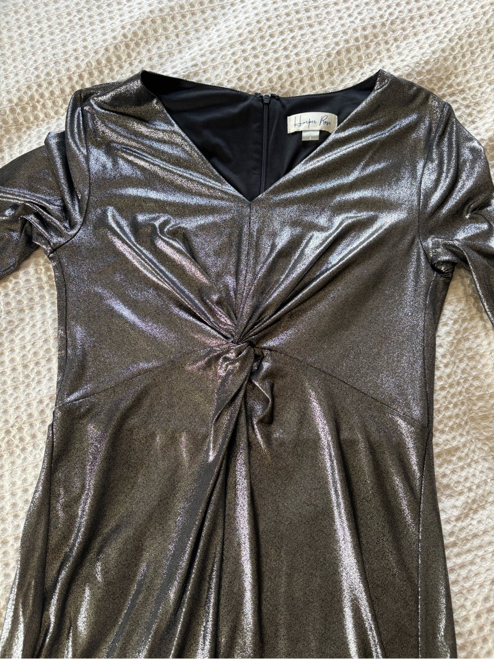 NWT Harper Rose Long Sleeve Ruched Center Tie Dress Metallic Silver Sz 8 Glamour - Picture 12 of 16